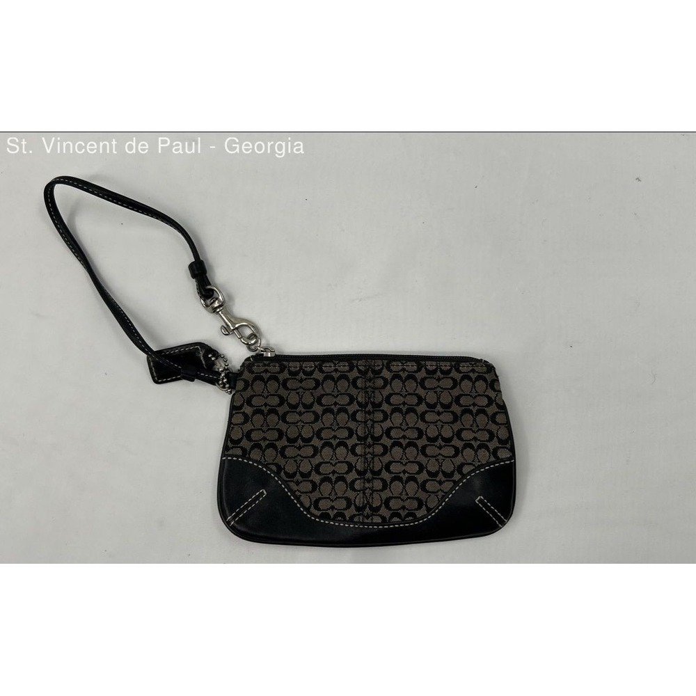 Coach Small Black Gray Signature C Jacquard Print Leather Trim Wristlet Purse VG